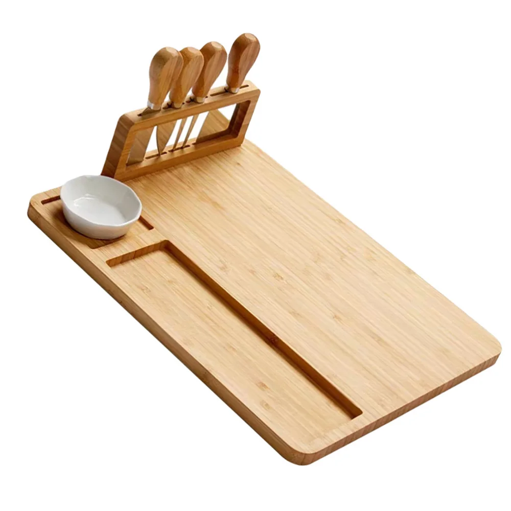 

1 Set Bamboo Cheese Board Cutting Board with Stainless Steel Knives (Khaki)