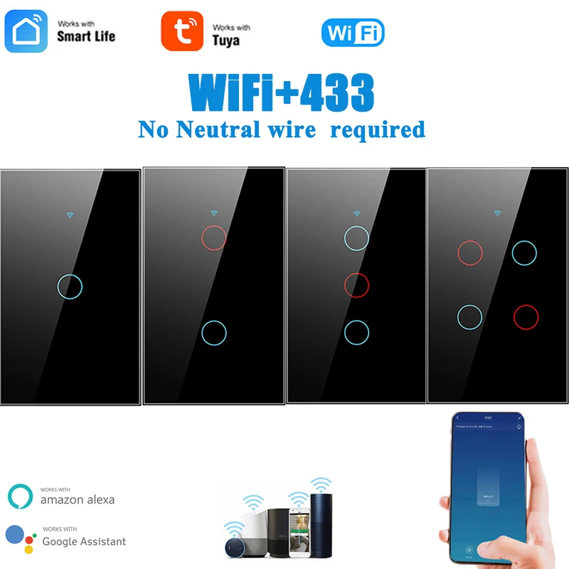 

Tuya Wifi Smart Touch Switch Light No Neutral Wire 110V-240V 1/2/3/4 Gang RF Remote On Off For Alexa Google Home