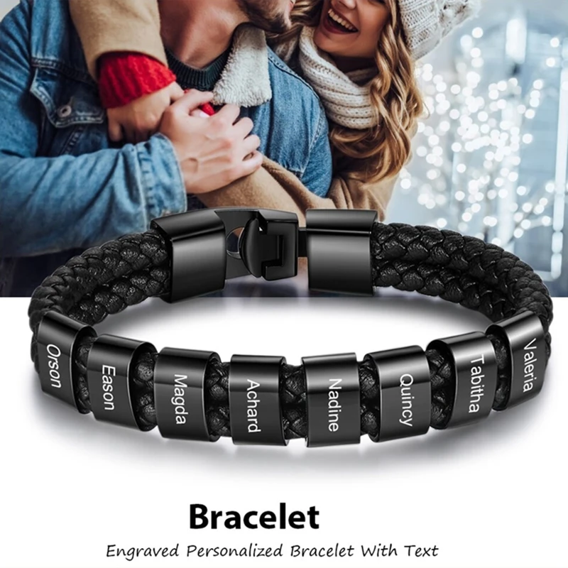 Personalized Men Braided Leather Bracelets with Custom Beads Engraved Family Name Stainless Steel Charm Bracelets for Men Dad