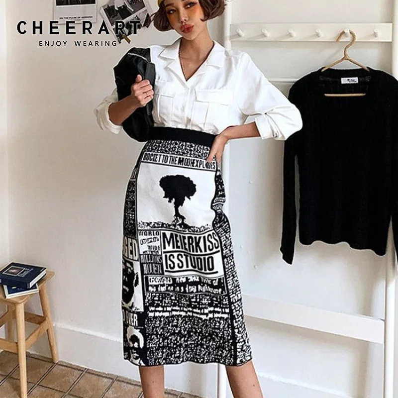 Женская трикотажная юбка CHEERART Теплая свитер до колена с принтом газет и высокой