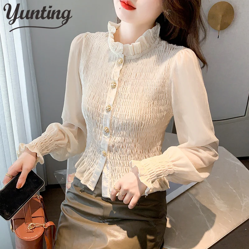 

Autumn New Women Shirt Vintage O-neck Black Velvet Blouse Female Long Sleeve Fashion Retro Slim Elegant Tops Clothing