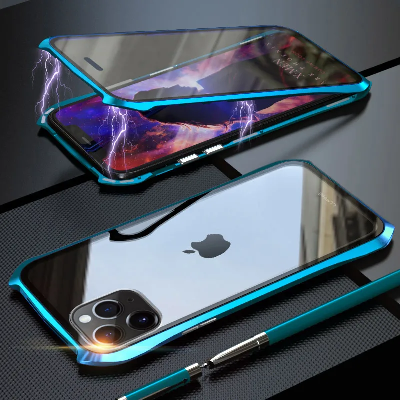 Blue Green Для iPhone 11 Pro Max 11 чехол, стиль летучая мышь тонкая металлическая рамка, взрывозащищенный чехол из закаленного стекла с магнитной адсорбцией - Цвет: Blue Green