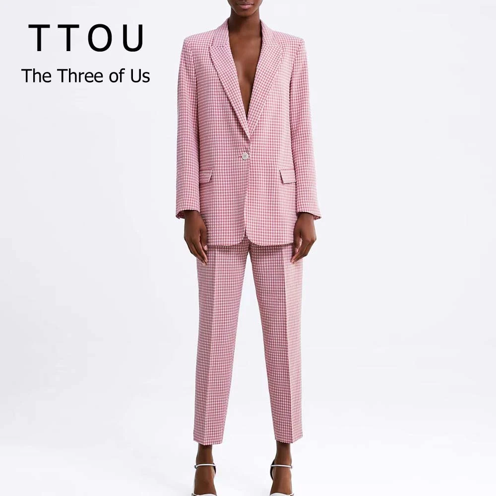 Женский брючный костюм в розовую клетку повседневный топ с длинными рукавами на