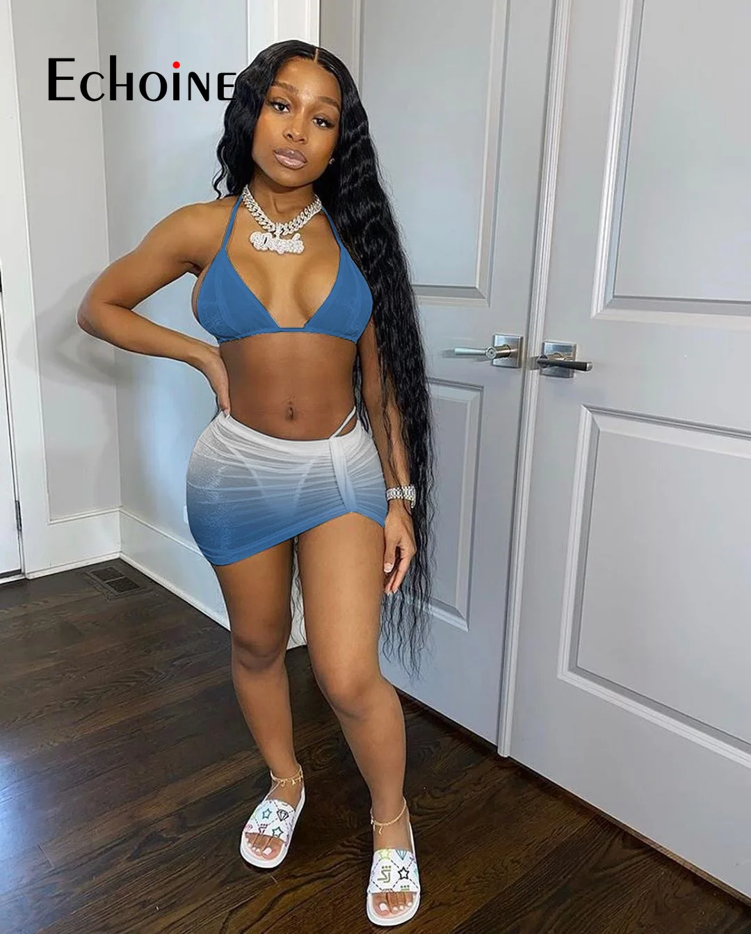 Купальник бикини женский градиентный с коротким топом и мини юбкой|Купальники| |