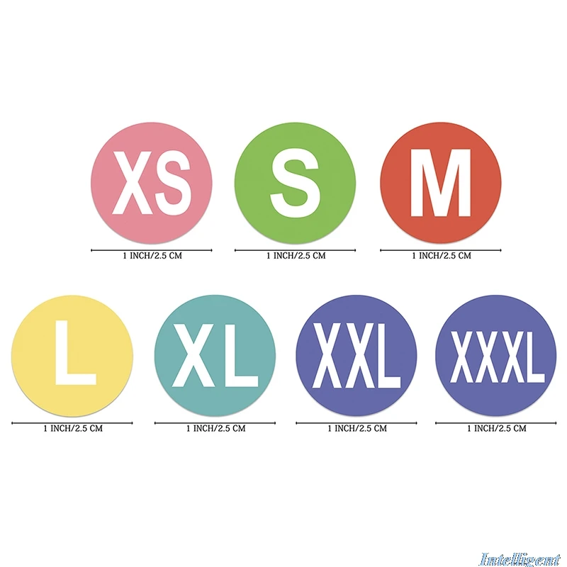 500 шт./1 дюйм для одежды, обуви, шляп, нижнего белья, бюстгальтеров ярлыки размеров XS/S/M/L/XL/XXL 6 моделей, круглые, цветные на наклейках.