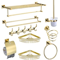 bath hardware set solid brass towel rack towel bar corner shelf paper holder toilet brush holder row hooks nail punched gold