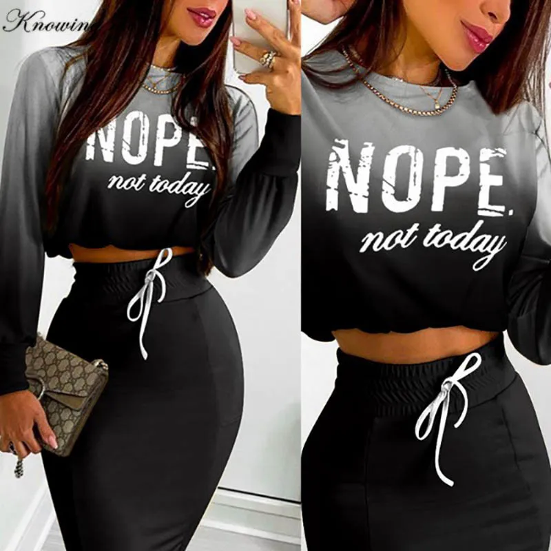 

Women Autumn package hips 2pcs set dress Elegant Long sleeve crop top + skirt casual o neck pullover knee length Two piece set