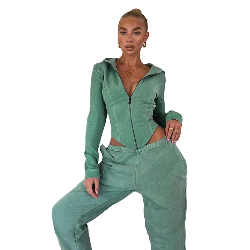 

92S1738382 Spring and Autumn New Women's fashion cardigan hooded jacket high waist show thin pants casual two-piece suit