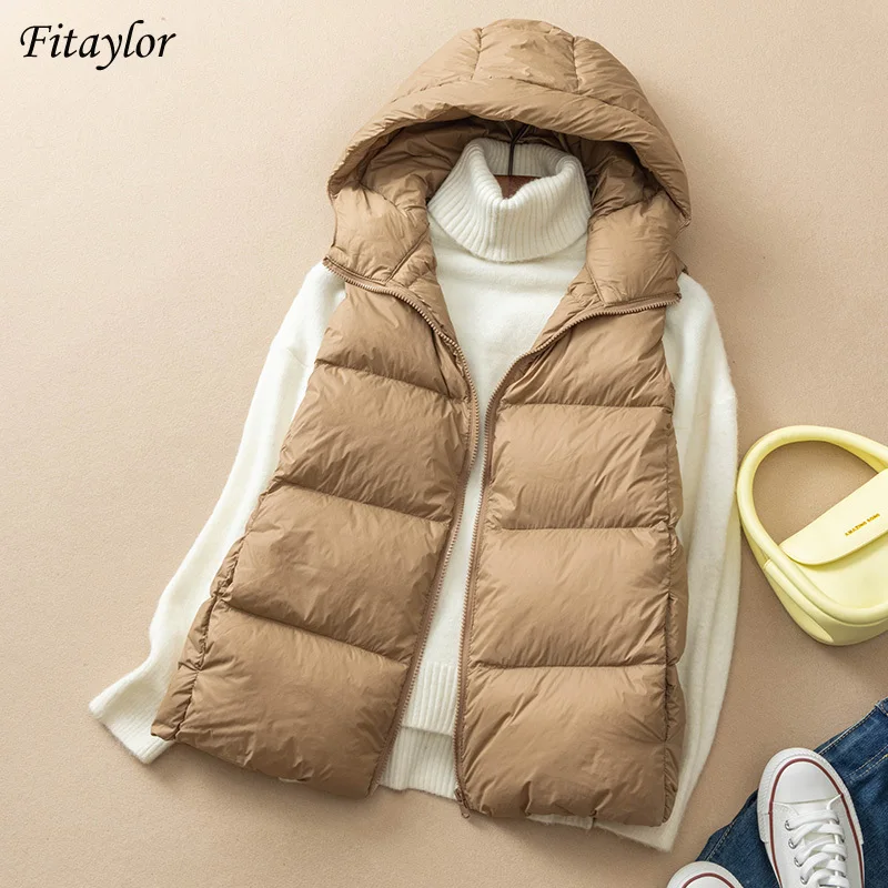 

Fitaylor Зимний новый высококачественный светильник, куртка-жилет с капюшоном, женское пуховое пальто на 90% утином пуху с заниженной талией, пуш...