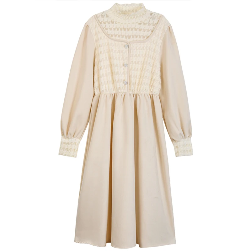 

Elegant Vintage Women's Long Dress Spring Korean Fake Two Dresses Houndstooth Patchwork Women Maxi Dresses