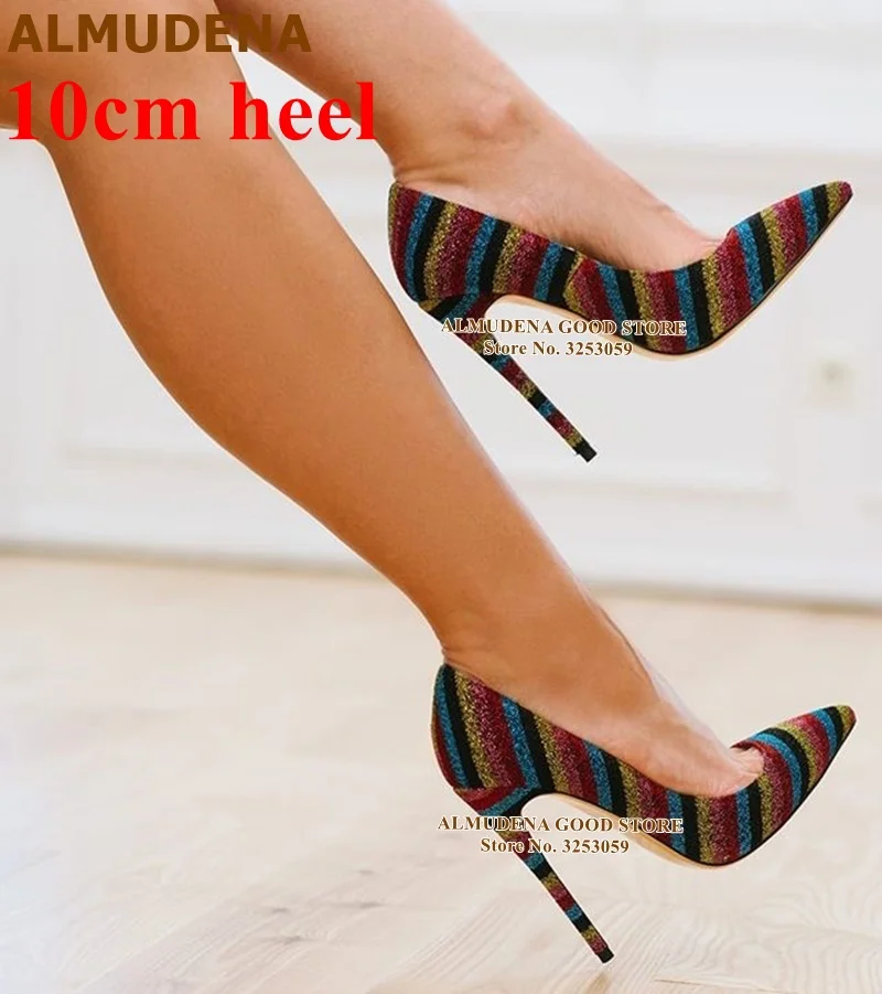 gold 10cm heel ALMUDENA/разноцветные туфли-лодочки на высоком каблуке, расшитые блестками; яркие модельные туфли в радужную полоску; шикарные туфли-лодочки на шпильке - Цвет: gold 10cm heel
