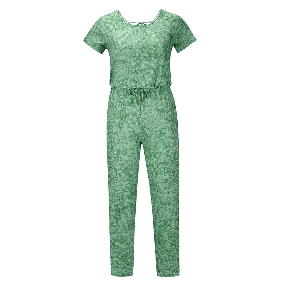 

2021 summer new style tie-dye suit female backless waist short-sleeved trousers jumpsuit