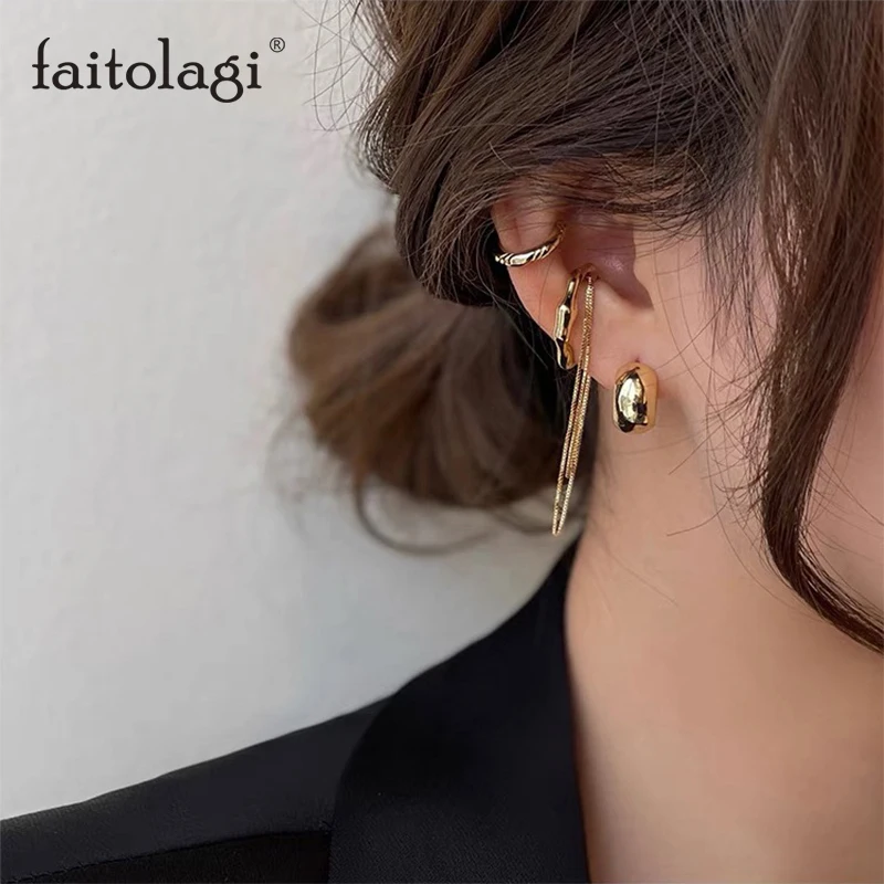 

4Pcs Korean Ear Studs Clip Earrings for Women Simple Elegant Long Chain No Piercing Tassel Ear Cuffs Stud Earrings Jewelry Set