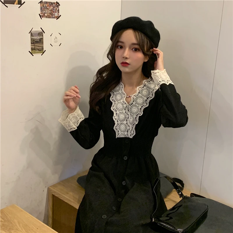 Винтажное милое женское платье осень 2020 повседневное с v образным вырезом