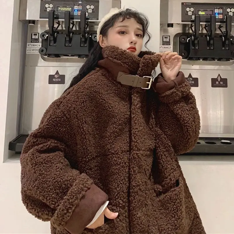 

Thick plush jacket for women 2021 autumn winter Korean loose lamb fur one-piece stand-up collar coffee warm cotton padded jacket