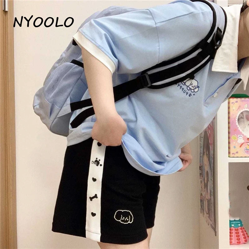 

NYOOLO Harajuku Streetwear Cute Dog Bone Love Heart Print Patchwork Elastic High Waist Shorts Women Summer Black Joggers Wear