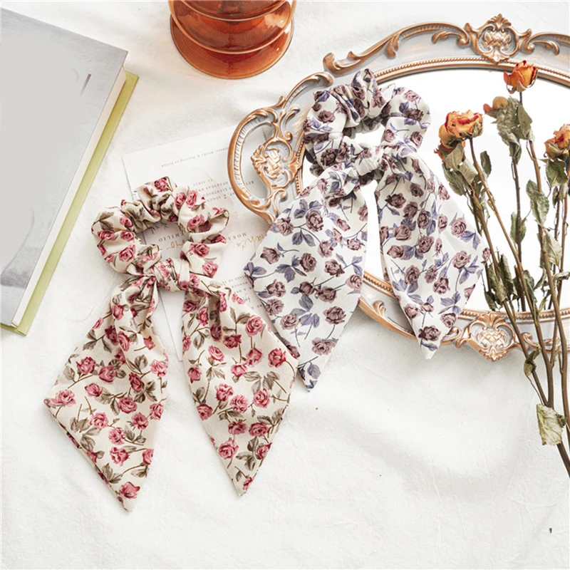 1Pcs Knotted Hair Rope Ties Scarf Korean Scrunchies Long Ribbon Floral Print Big Rose Flower Accessories |
