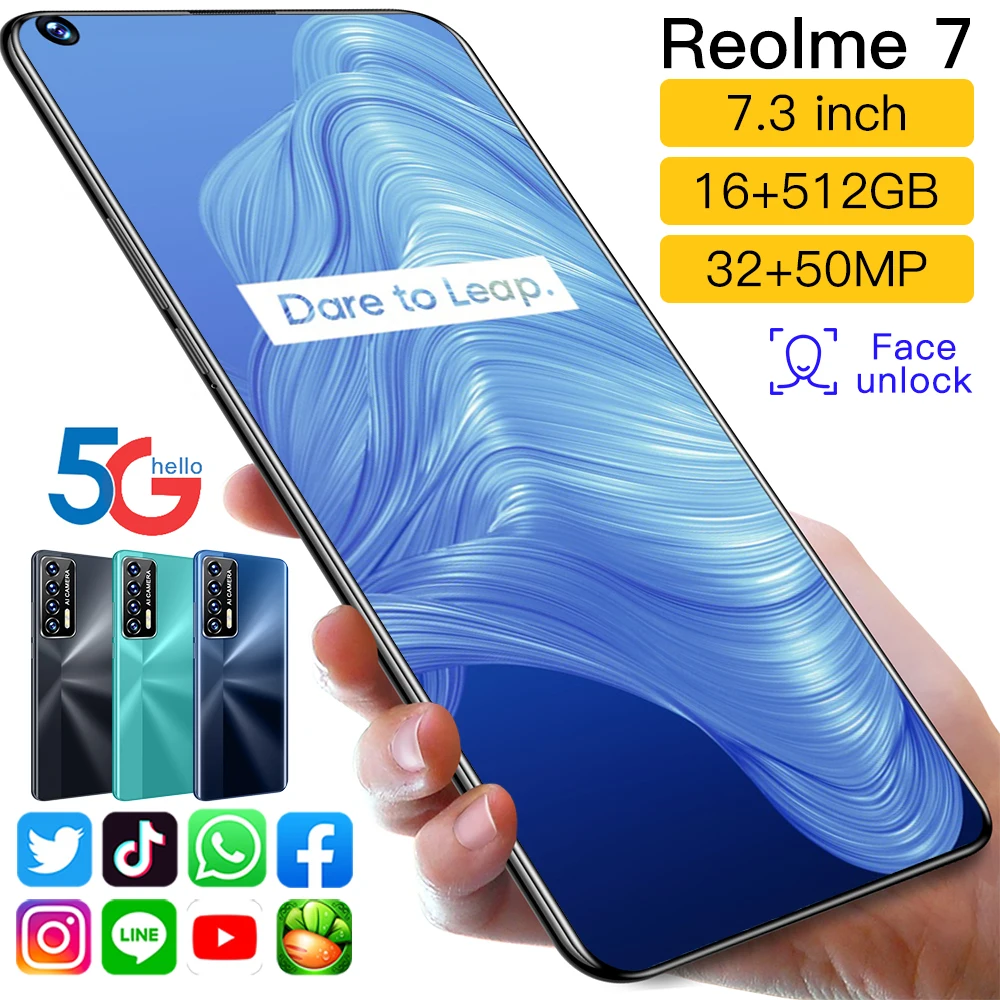 

Reolme 7 Global Version Smartphone 7.3 Inch 16GB+512GB 6000mAh Andriod 11 32+50MP Mobile Phones Qualcomm 888 Face Unlock Celular