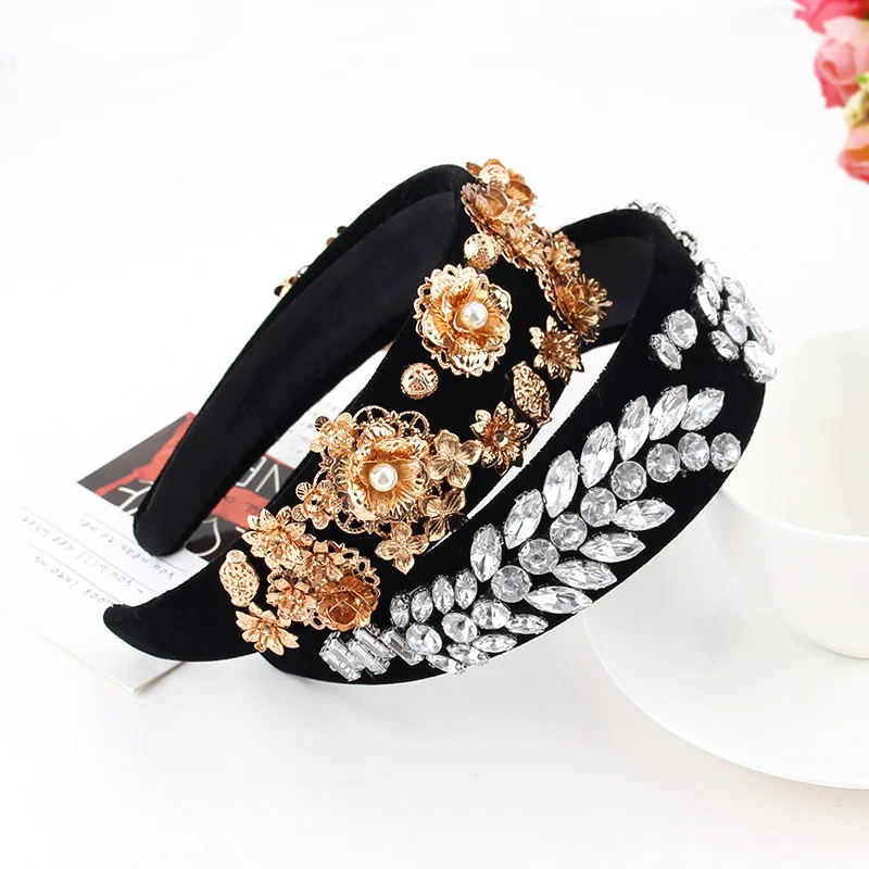 

Fashion Acsesorios Retro Hair Accessories Ladies Pearl Crystal Barlot Style Wedding Floral Hairband Girls Rhinestone Hair Hoop