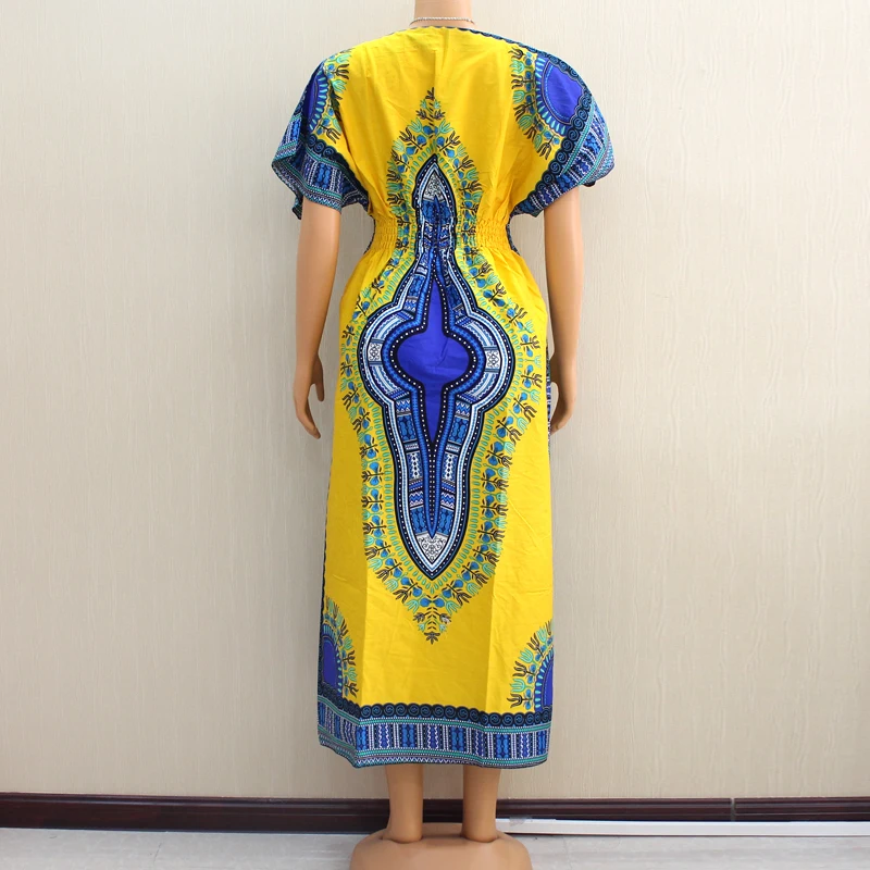 Желтое 100% хлопковое платье Afrian Dashiki с традиционным рисунком длинные платья