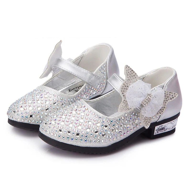 

Teens Girls Mary Jane Rhinestone Crystal Shoes Kids School Girl Sliver Blue High-heeled Performance Princess Dress Shoes New