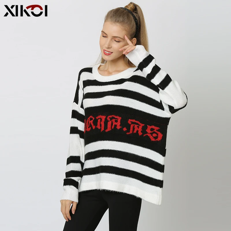 Женский свитер-пуловер XIKOI в полоску Корейском стиле черно-белый | Женская одежда
