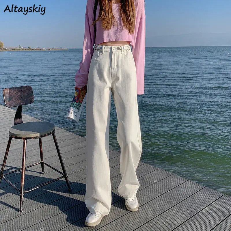 

Jeans Women Denim Adjustable Waist Full Length Vintage Streetwear Korean Style Simple Solid Trousers Female All-match Ulzzang