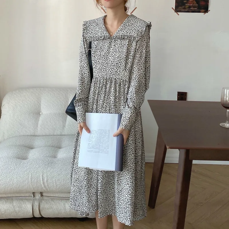 

Vintage Wooden Ear Patchwork Chiffon Dress Women Turn Down Collar Long Sleeve Loose Vestidos High Waist Hip A Line Robe