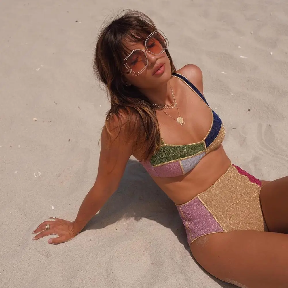 Женский купальник бикини с высокой талией в стиле пэчворк комплект необычная