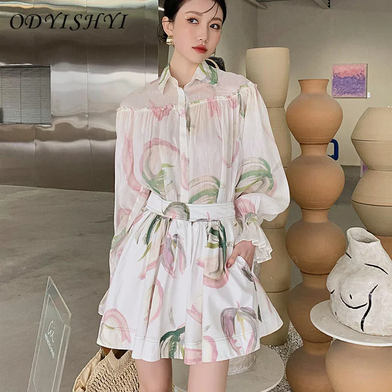 

Female Spring Lantern Sleeve Loose Print Fashion Blouse Women Elegant Brand Mini Skirt Ladies Designed Sweet Skirt Set ML152