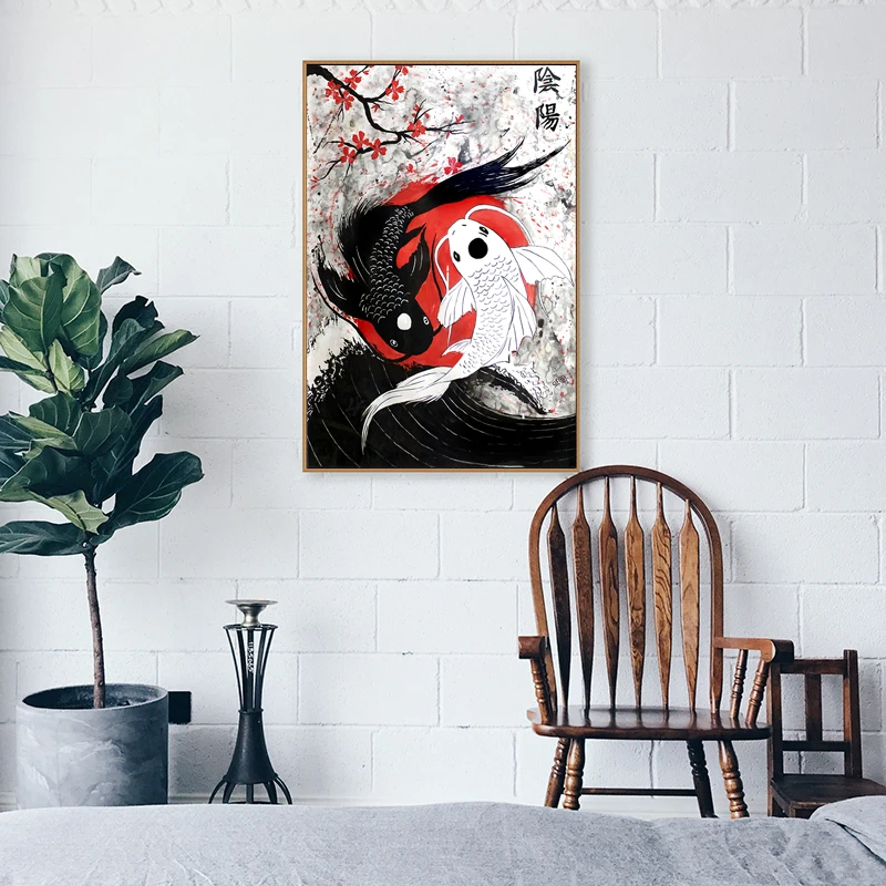 Японский Зонт гейши девушка и рыба Инь-Ян искусство печать на холсте живопись