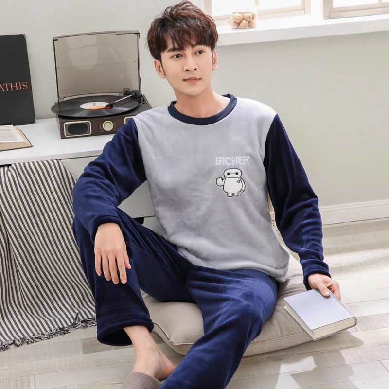 2019 зимняя плотная теплая Фланелевая пижама с рисунком для мужчин Коралловая