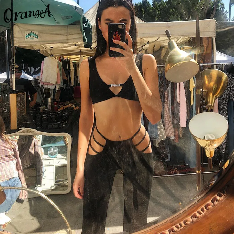 Женские открытые брюки для фитнеса OrangeA с высокой талией и вырезами прямые