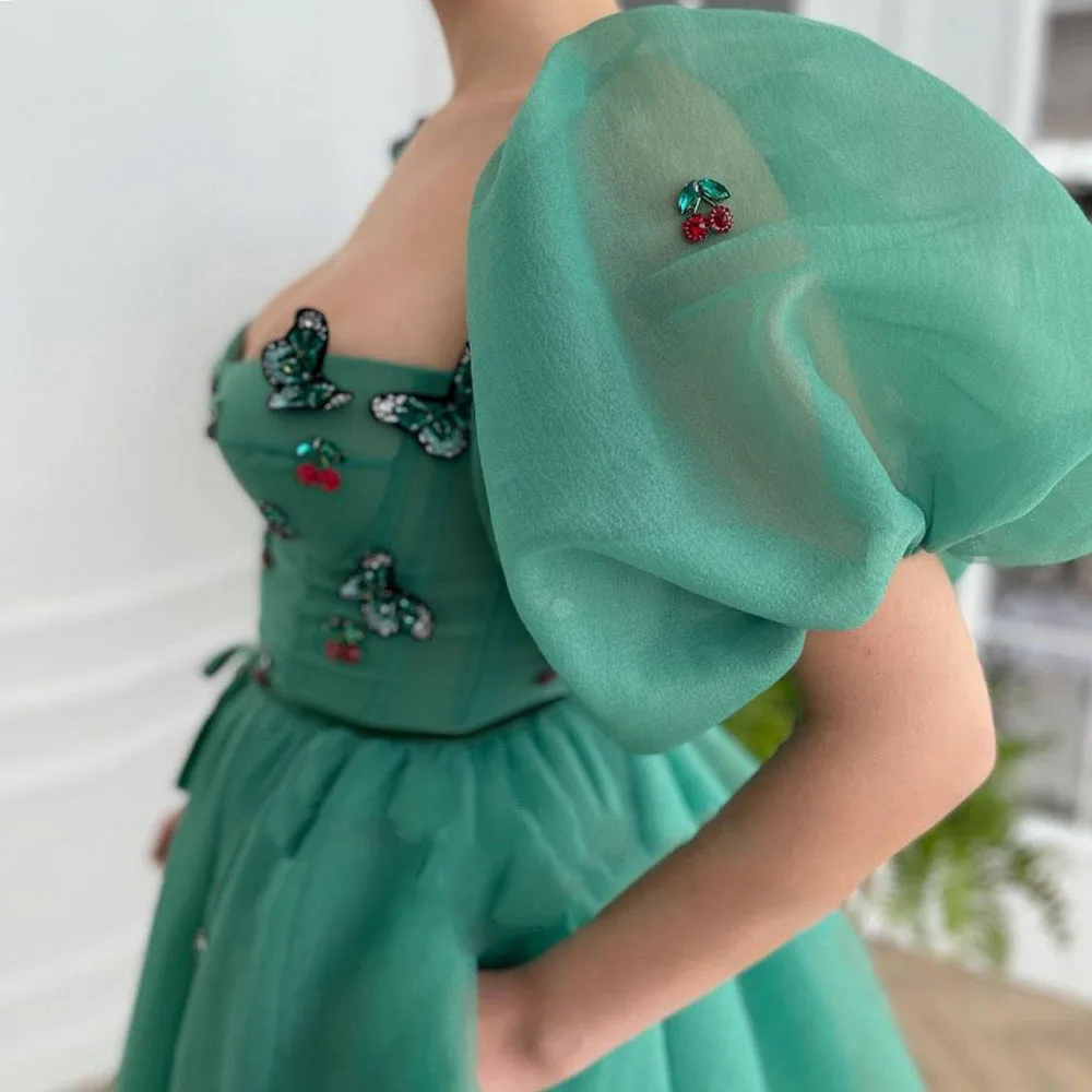 Puff Sleeves Prom Dresses Knee Butterfly Appliques Sweetheart Length Formal Party Gowns's Women Green Cocktail Dress 2021 | Свадьбы и