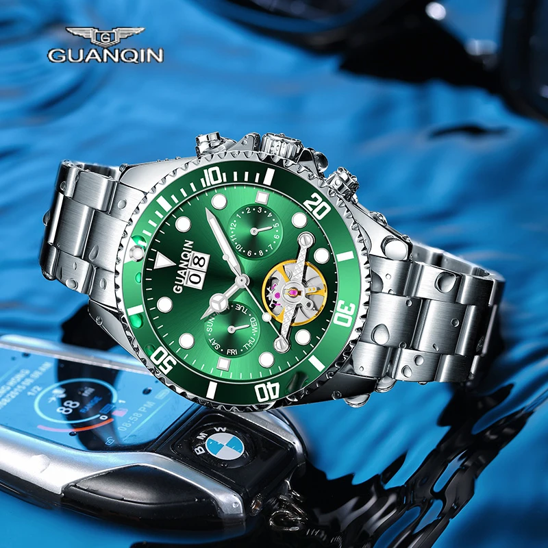 GUANQIN Automatic Tourbillon Men's Watch Sapphire Mechanical Watch Sports Waterproof Automatic Men's Clock Relogio Masculino