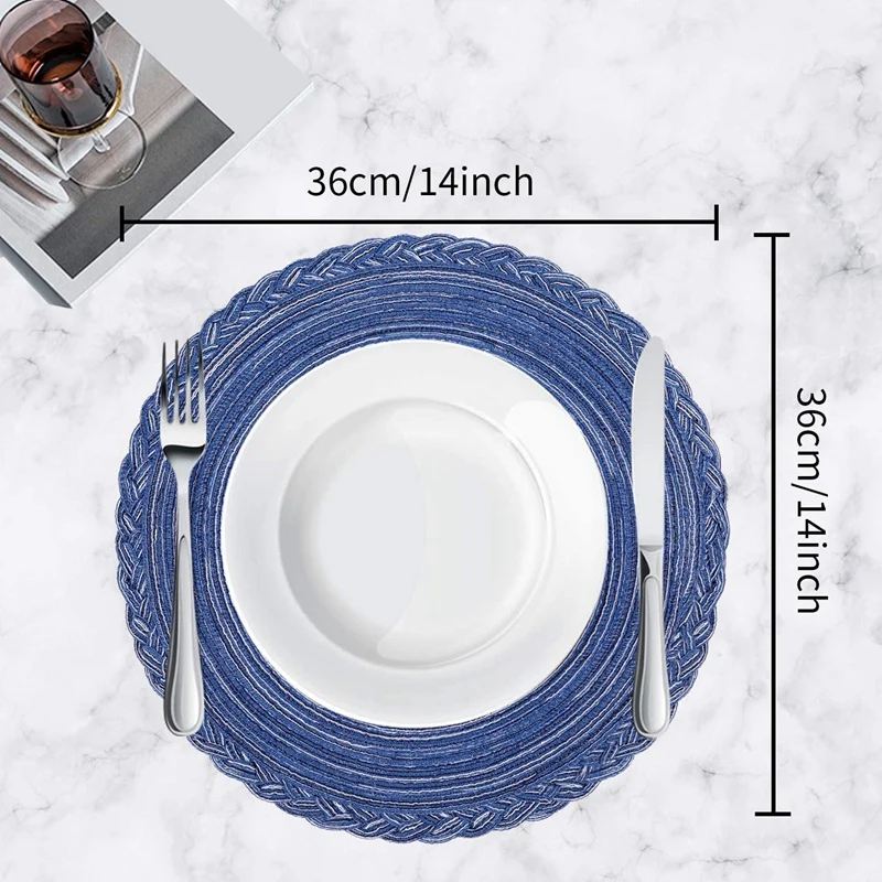 

Round Braided Placemats for Dining Table Set of 6 - Woven Heat Resistant Non-Slip Kitchen Table Mats, 36 Diameter, Blue