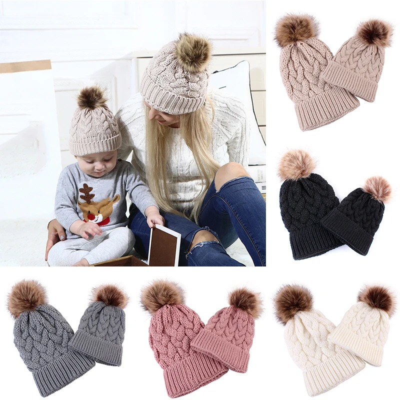 

шапка New Mother Baby Kids Winter Warm Hats Knit Beanies Hats Fur Pom Baby Children Crochet Ski Ball Parent-Child Soft Hat