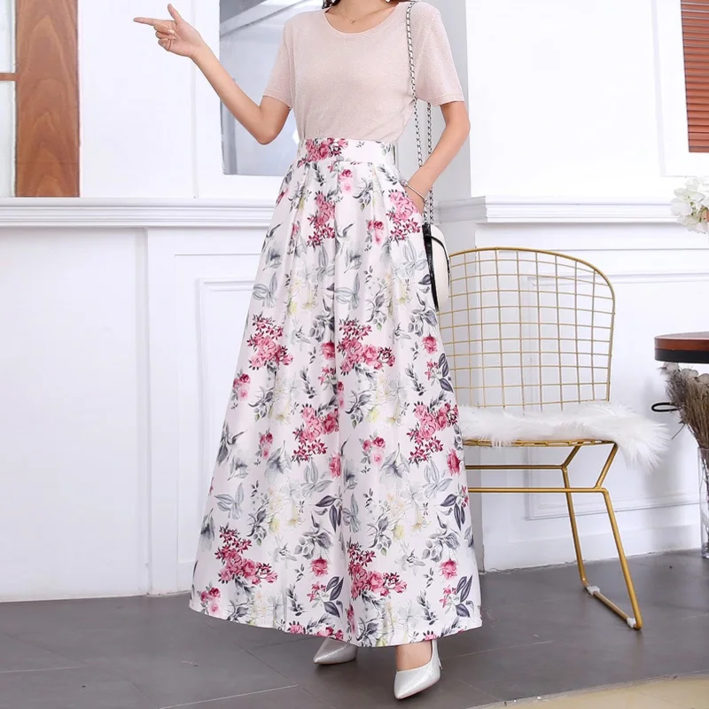 

Floral Summer Skirts Womens 2020 Fashion Vintage High Waist Casual Long Maxi Elastic Skirt with Pockets Swing skirts womens