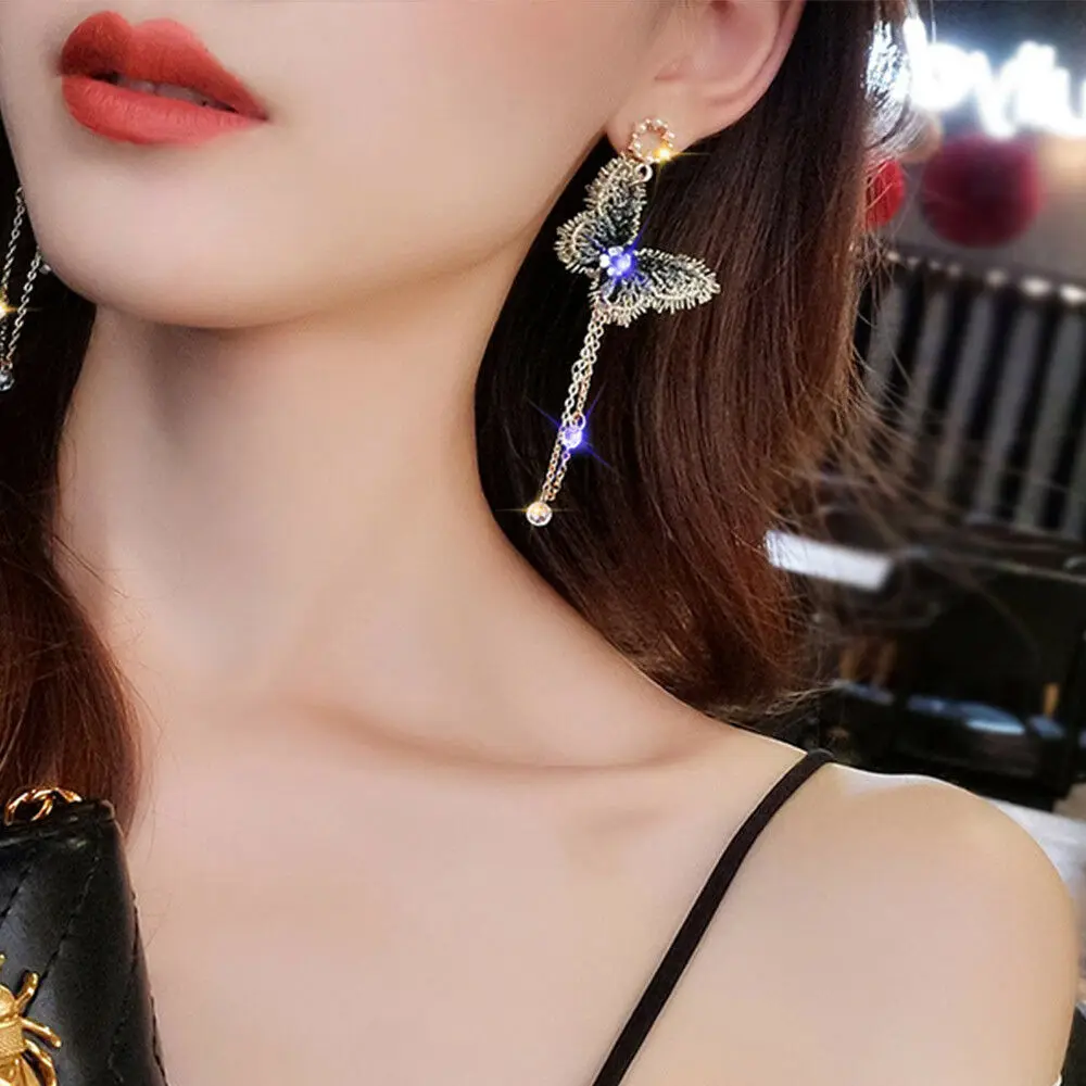 

Embroidery Crystal Long Tassel Drop Dangle Earrings Butterfly Leaves Hook Pearl Beads Pendientes Jewelry