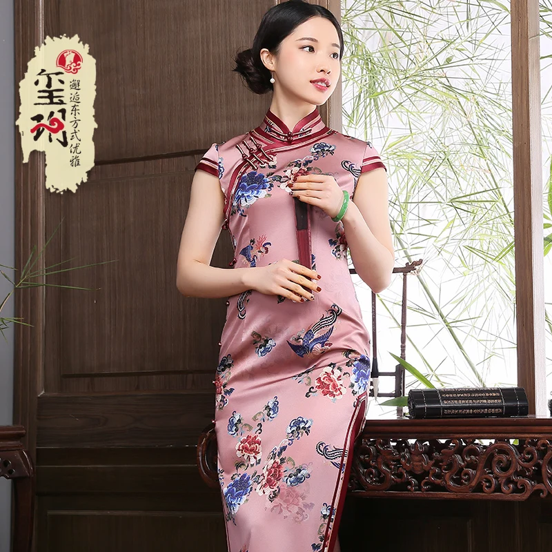 

New style retro heavy silk long cheongsam in spring and summer of 2021