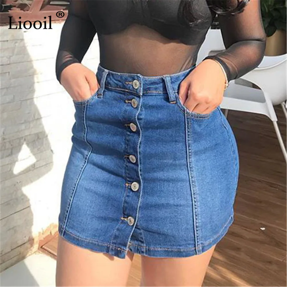 

Liooil Cotton Denim Button Up High Waist Pencil Skirts Women With Pockets 2021 Autumn Streetwear Blue Sexy Bodycon Mini Skirt