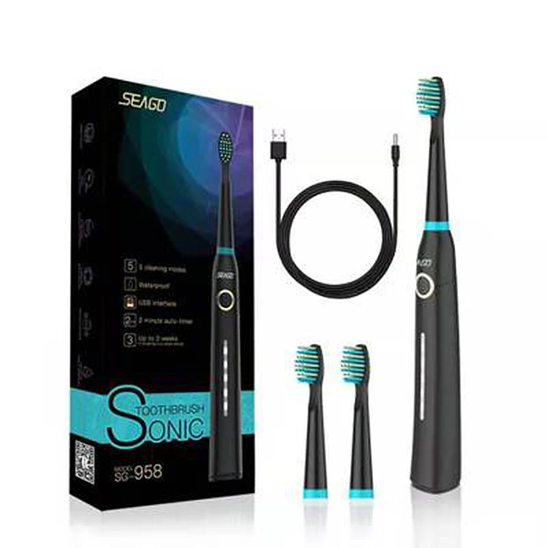 

Seago 958 Automatic Sonic Electric Toothrbush with 3 Brush Heads USB Charging 5 Modes 40000 Times Vibration/Min IPX7 Waterproof