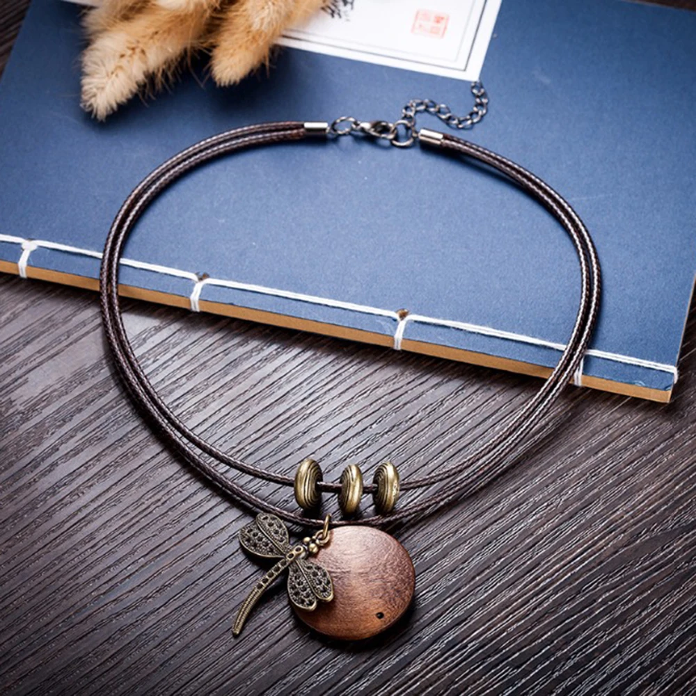 Fashion Choker Woman Necklaces vintage Jewelry Dragonfly Wooden pendant Long necklace for women collares mujer kolye| |