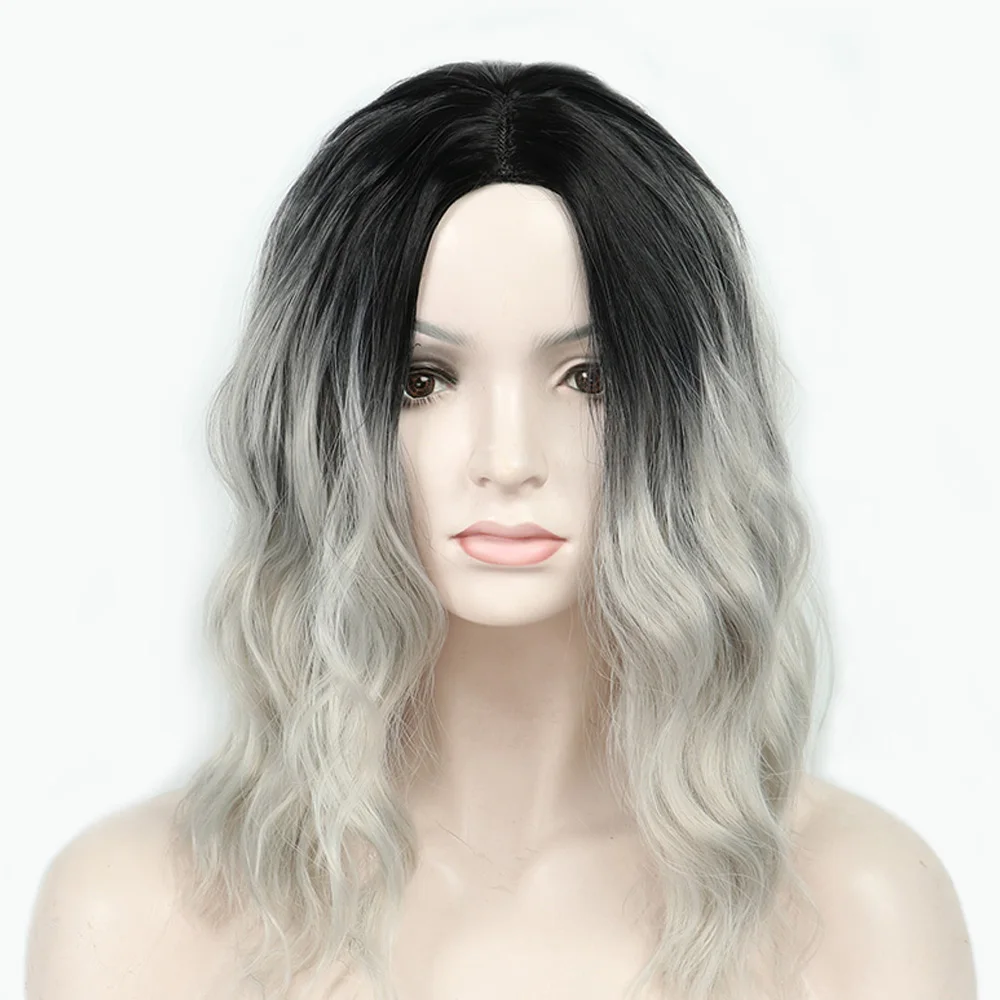 ValenWigs 1" натуральный эффектом деграде(переход от темного к парик коричневый смешанный светлые/Краска для волос, Серебряно-серый средняя часть Волнистые Синтетические волокна парики для Белый Черный Для женщин
