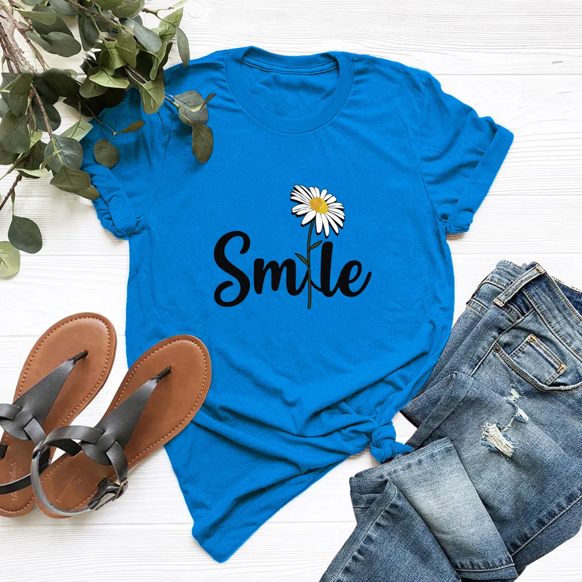 

Summer Women T Shirt Cotton Plus Size S- 5XL Smile Daisy Flower Graphic O-Neck Short Sleeve Tshirts Casual Tees Tops Women