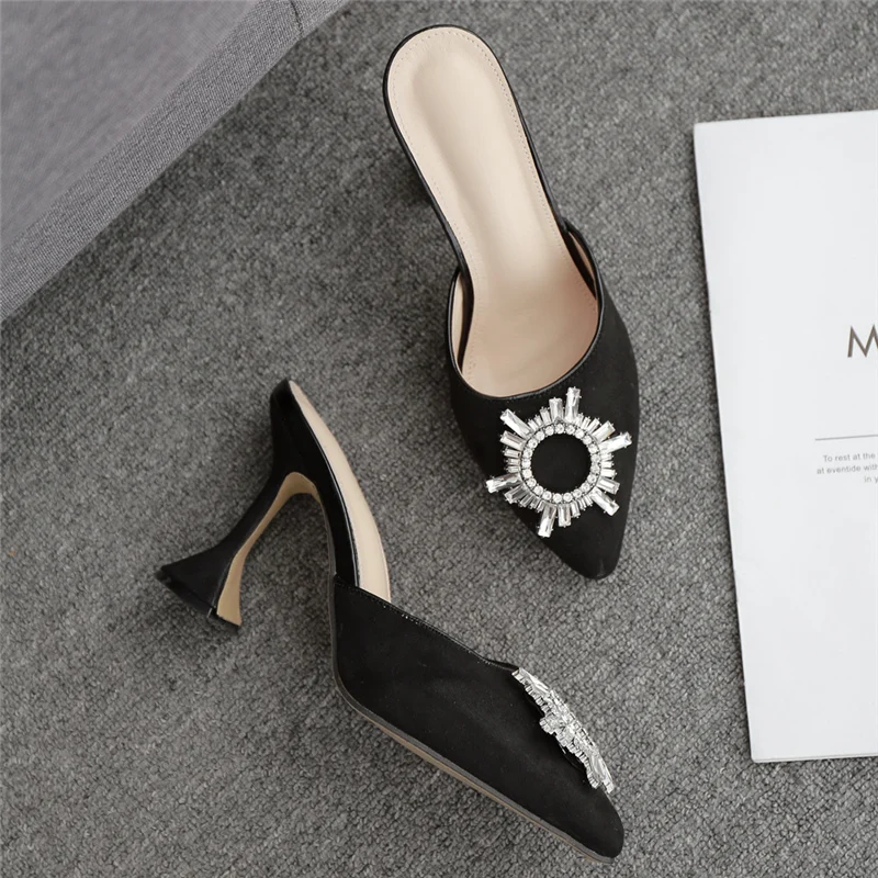 

2020 Summer Slides Luxury Women Glitter Crystal Blue Heels Slippers Mules Rhinestone 9.5cm High Heels Plus Size Party Prom Shoes