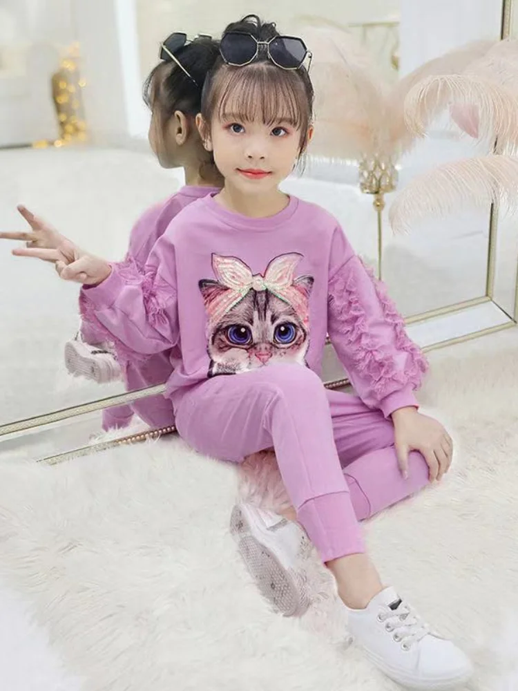 Спортивный костюм для девочек пуловер из 2020 хлопка с круглым вырезом спортивные