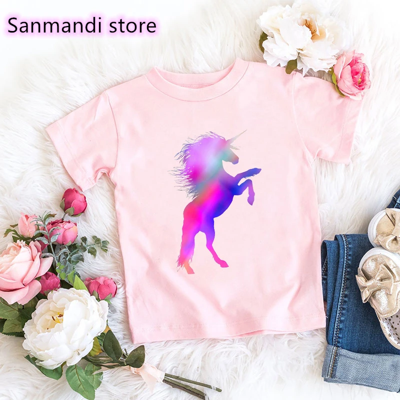 2021 Hot Sale Rainbow Unicorn Print Pink Tshirt Girl Kids Clothes Harajuku Shirt Kawaii Children Clothing Beautiful T-Shirt | Детская