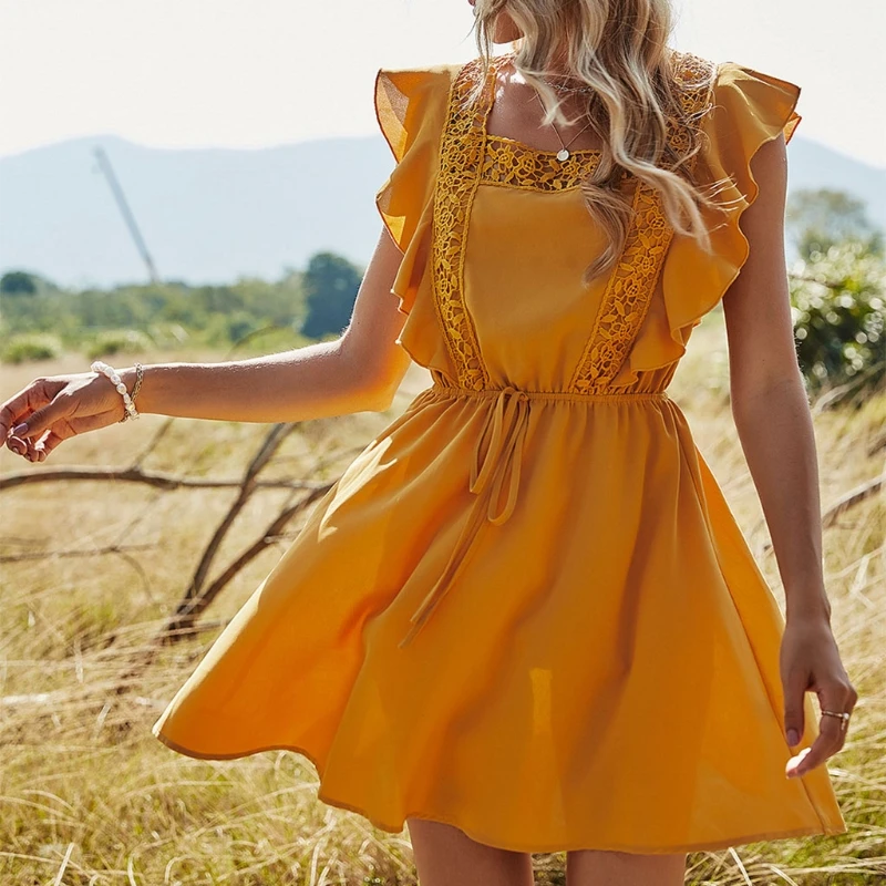 

Women Backless Solid Color Ruffles Square Neck Stitching High Waist Short Sleeve Dress Summer Beach Holiday Sundress