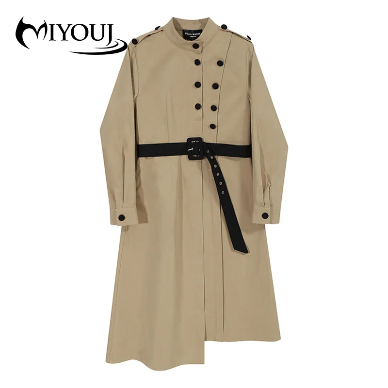 

Женское двубортное платье с поясом MIYOUJ, Осеннее Повседневное платье цвета хаки с воротником-стойкой, 2020